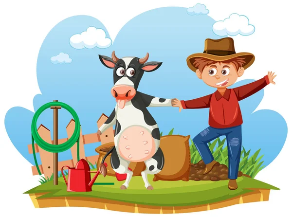 Feliz Granjero Bailando Con Una Ilustración Vaca — Vector de stock