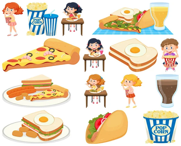 Conjunto Diferentes Comidas Chatarra Niños Ilustración — Archivo Imágenes Vectoriales