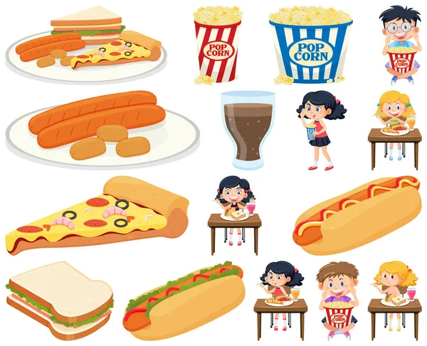 Conjunto Diferentes Comidas Chatarra Niños Ilustración — Archivo Imágenes Vectoriales