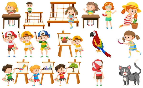 Set Von Niedlichen Kindern Und Objekten Illustration — Stockvektor
