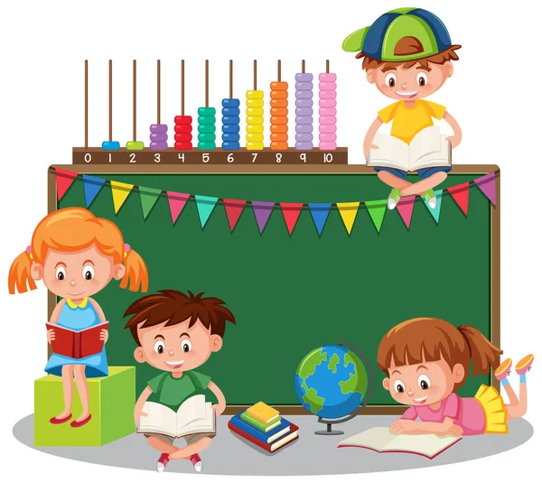 Niños Felices Con Ilustración Pancarta Pizarra — Vector de stock