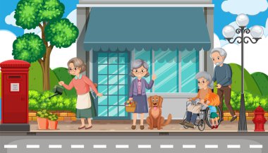 Elderly people on street in the town illustration
