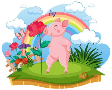 A pig holding a rose in nature illustration