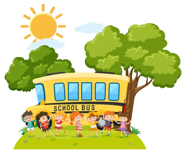 Groep Gelukkige Kinderen Schoolbus Illustratie — Stockvector