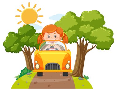 Araba kullanan tatlı kız çizgi film çizimi