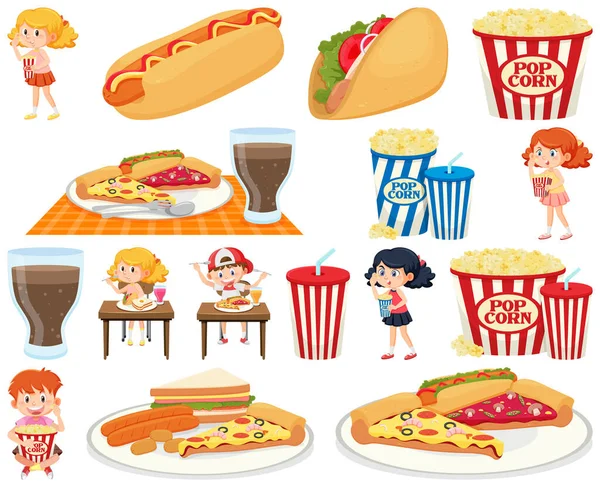 Set Mit Verschiedenen Junk Food Artikeln Und Kinderillustration — Stockvektor