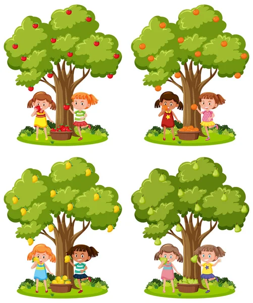 Set Kids Playing Trees Illustration — Stockvektor