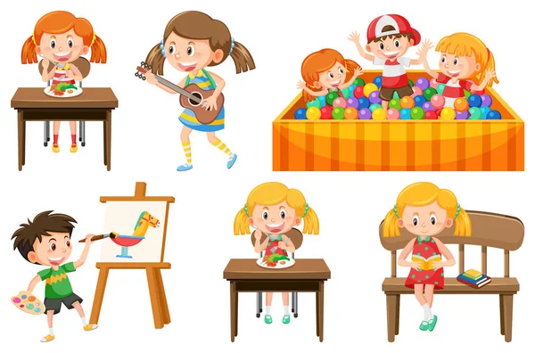 Set Bambini Che Fanno Diverse Attività Illustrazione — Vettoriale Stock