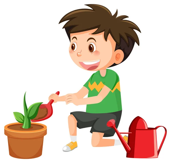 土鍋イラストに植える少年 — ストックベクタ