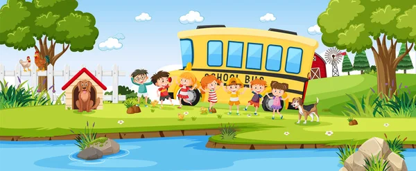 Children School Bus Outdoor Background Illustration — Vetor de Stock