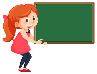 Boş karatahtayla izole edilmiş güzel bir kız.