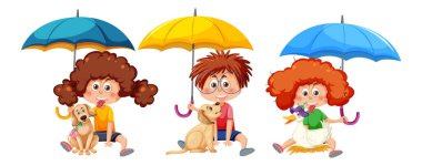 Three kids holding umbrella on white background illustration
