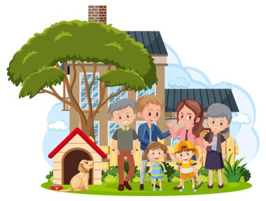 Happy family infront of the house on white background illustration