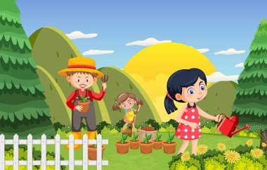 Parkta bahçıvanlık yapan mutlu insanlar.