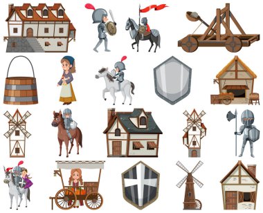 Medieval cartoon characters and objects illustration