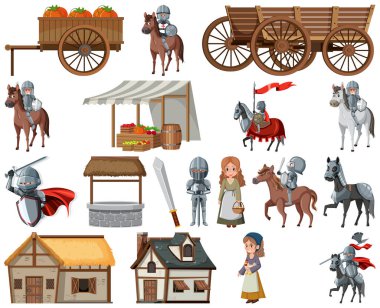 Medieval cartoon characters and objects illustration