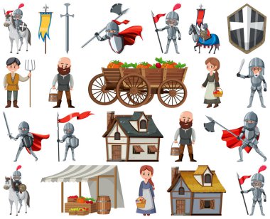 Medieval cartoon characters and objects illustration