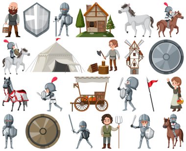 Medieval cartoon characters and objects illustration