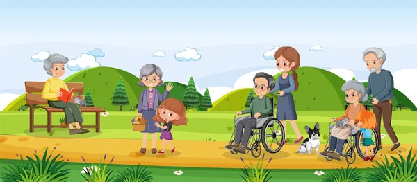 Care Giving Elderly Nature Environment Illustration — 图库矢量图片