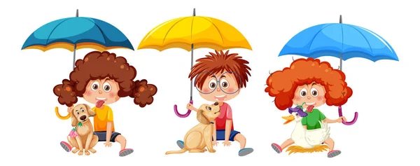 Three Kids Holding Umbrella White Background Illustration — Stockvektor