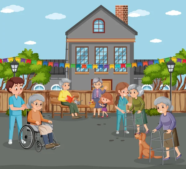 Outdoor Park Elderly People Caregivers Illustration — Stock Vector