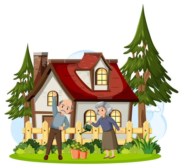 Elderly Couple Gardening White Background Illustration — Vetor de Stock