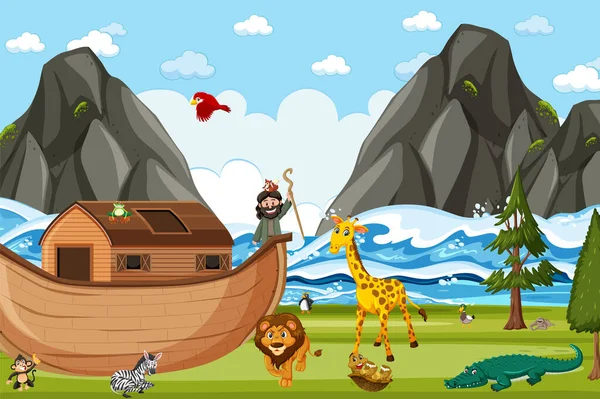 诺亚方舟与野生动物在自然界中的场景图解 — 图库矢量图片