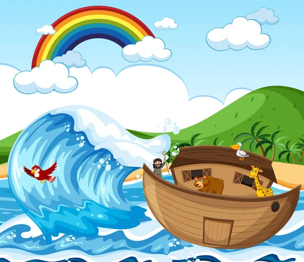 Arka Noego Dzikimi Zwierzętami Scenie Przyrodniczej Ilustracja — Wektor stockowy
