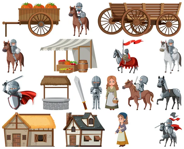 Medieval Cartoon Characters Objects Illustration — Stockvektor