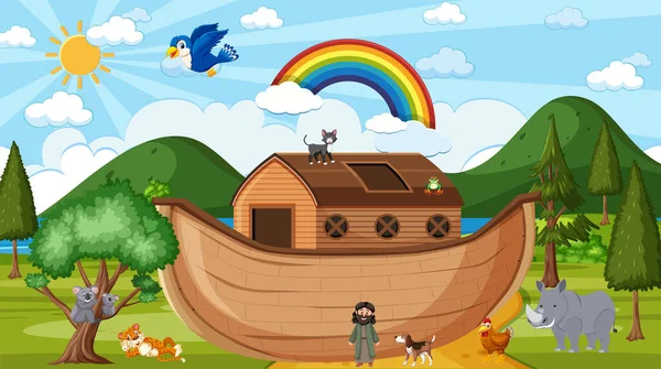 Noah Ark Met Wilde Dieren Natuur Scene Illustratie — Stockvector