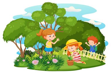 Happy children enjoying outdoor at the yard illustration