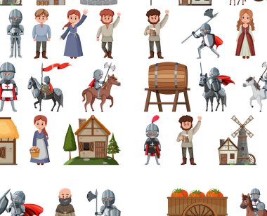 Medieval cartoon characters and objects illustration