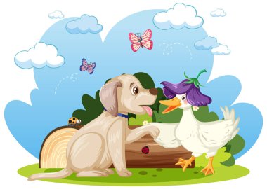 Cute dog and duck shaking hands illustration