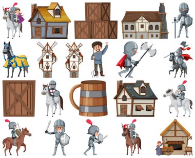 Medieval cartoon characters and objects illustration