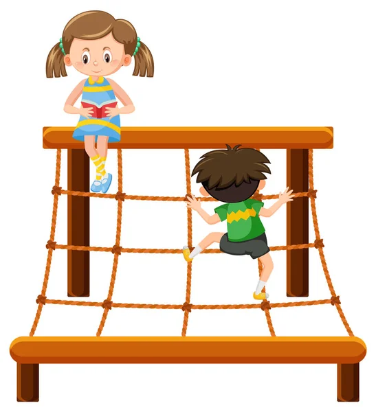 Children Climbing Rope Wall Illustration — Archivo Imágenes Vectoriales