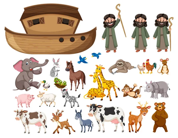 Set Noah Ark Animals Objects Illustration — ストックベクタ