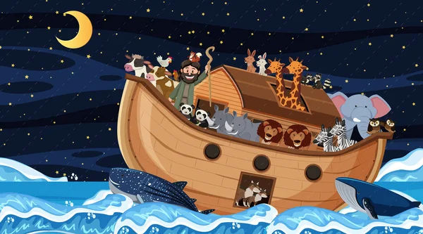 Морська Сцена Ковчегом Ноя Зображенням Тварин — стоковий вектор