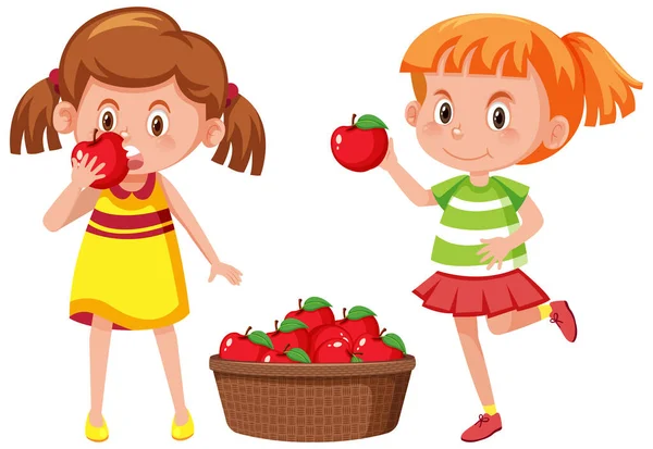 Two Girls Holding Red Apples Illustration — Vetor de Stock