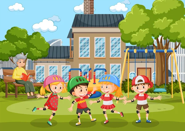 Children Playing Front School Playground Illustration — Vetor de Stock