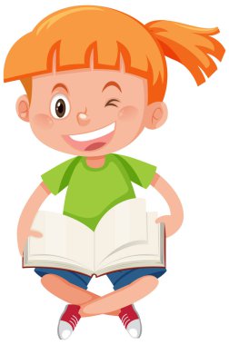 Çizgi film stili resimlerle kitap okuyan mutlu bir kız.