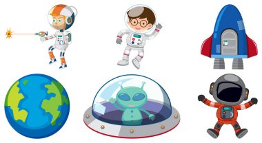 Set of space cartoon characters and objects illustration
