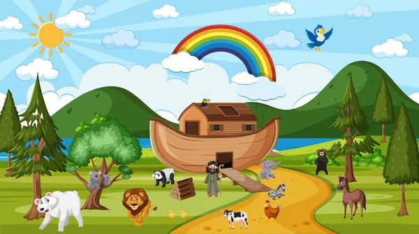Noah Ark Wild Animals Nature Scene Illustration — Stock Vector