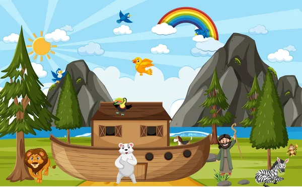 Noah Ark Met Wilde Dieren Natuur Scene Illustratie — Stockvector