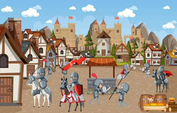 Medieval Village Scene Castle Background Illustration — 图库矢量图片