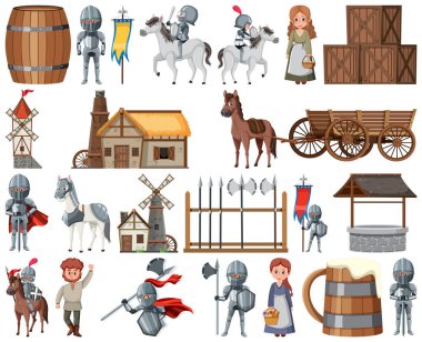 Medieval cartoon characters and objects illustration