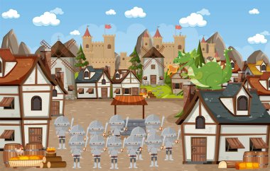 Medieval village scene castle background illustration