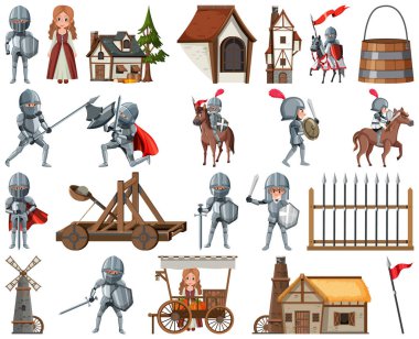Medieval cartoon characters and objects illustration