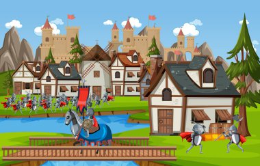 Medieval village scene castle background illustration