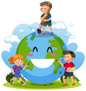 Smile earth globe with cartoon character illustration