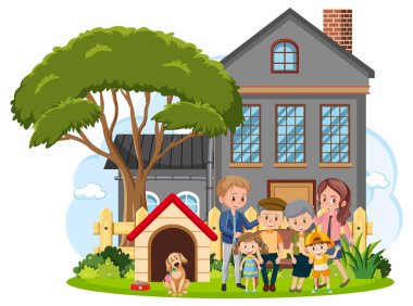 Happy family infront of the house on white background illustration